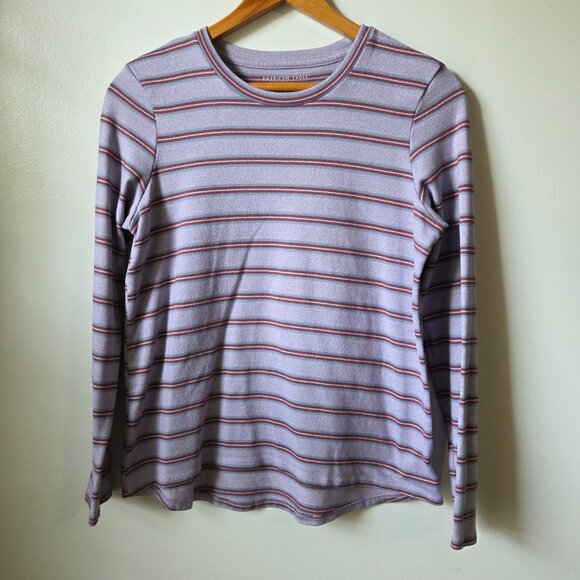 EUC AMERICAN EAGLE OUTFITTERS PURPLE STRIPED CREW NECK LONGSLEEVES TEE SZ M - Picture 1 of 12